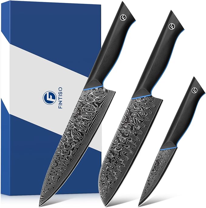 3 Piece Kitchen Knife Set, 67-Layer Damascus Steel, Ergonomic G10 Handle | Damascus Knife Set with Full-Tang Handles, Premium Japanese Chef Knife Set with Gift Box - Zeus Series