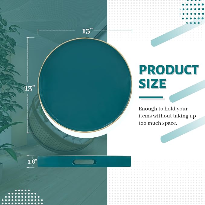 13" Teal Decorative Tray, Plastic Round Serving Tray with Handles | Green Decorative Tray for Coffee Table, Modern Ottoman Tray, Circle Tea Tray, Round Melamine Tray for Living Room, Bathroom