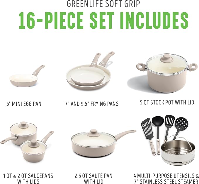 GreenLife 16 Piece Ceramic Nonstick Pots & Pans Cookware Set, Taupe | PFAS-Free Nonstick Coating, Stockpot, Frying Pans, Saucepans, Sauté Pan, Stay-Cool Handles, Dishwasher & Oven Safe up to 350F