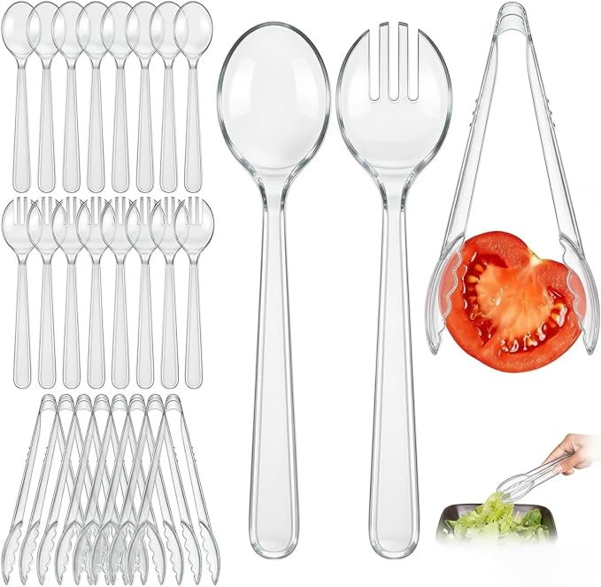 24 Pcs Transparent Plastic Serving Utensils Set - Heavy Duty Disposable Serving Spoons, Forks & Tongs (8 of Each) - BPA-Free Catering Supplies for Buffets, Parties, Weddings & Events