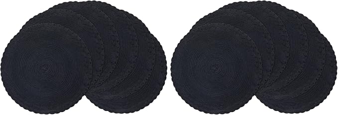 SHACOS Round Placemats Set of 6 Woven Round Table Mats 15 inch Braided Border Washable Cotton Polyester Circle Place Mats, Black (Pack of 2)