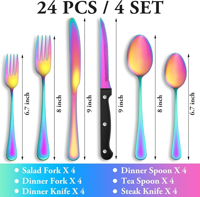 24 Pcs Rainbow Silverware Set with Steak Knives, Stainless Steel Flatware Cutlery Set for 4, Kitchen Tableware Sets, Utensil Sets for Home and Restaurant, Dishwasher Safe