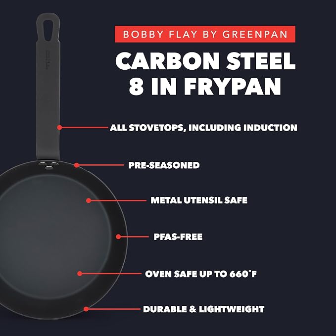 GreenPan x Bobby Flay 8" Pre-Seasoned Carbon Steel Frying Pan Skillet | Natural Nonstick with Use, Durable Cast Iron Alternative, Induction & All Stovetop Compatible, High Heat & Oven Safe to 660F