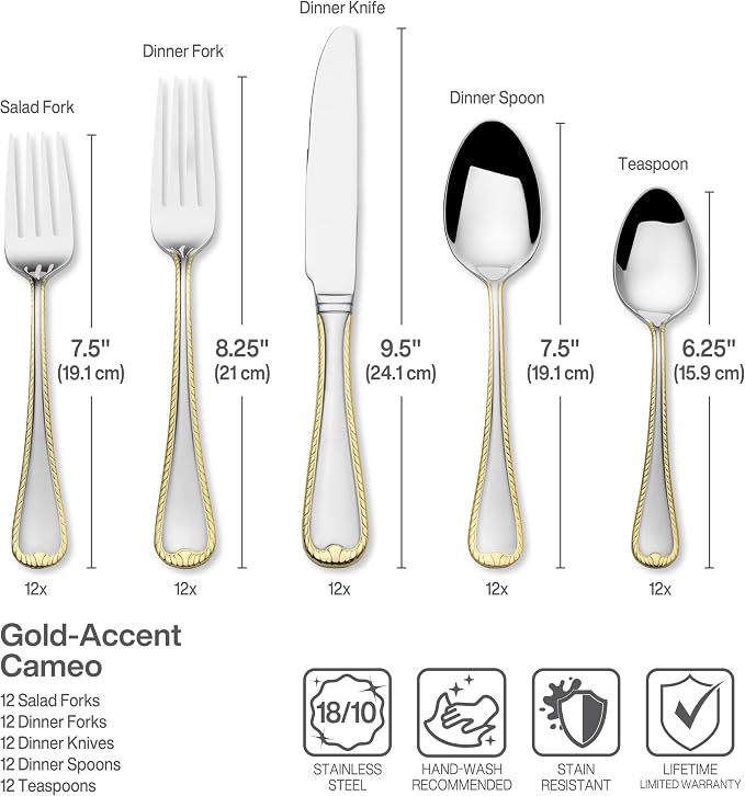 Mikasa Cameo Gold 65-Piece Flatware Set for 12, 18/10 Stainless Steel Silverware with 24-Karat Gold Accents, Teardrop Handles, Dishwasher Safe