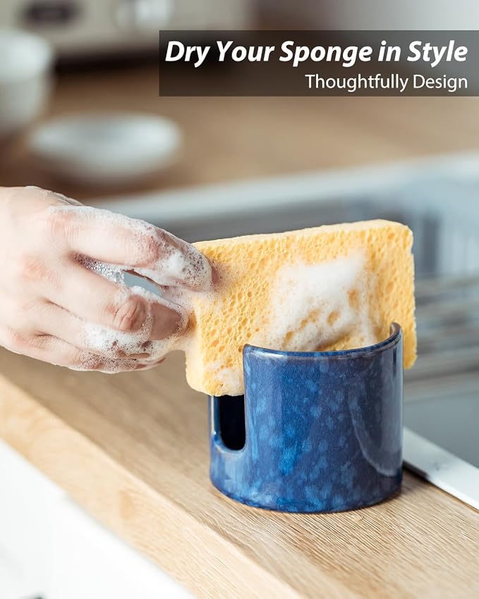 Zoeeker Kitchen Sponge Holder, Ceramic Sponge Organizer Scrubby Holder | Cute Sink Caddy Dish Brush Rack Kitchen Storage Accessories Sink Caddy for Bathroom Countertop, Farmhouse Kitchen Decor, Blue