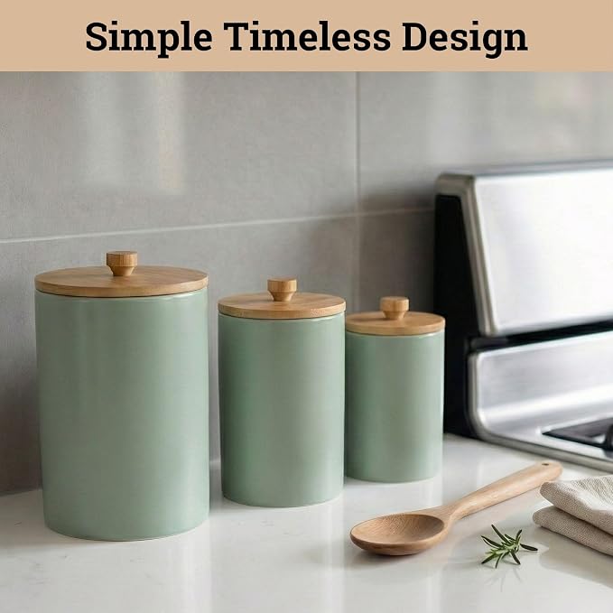 Ceramic Kitchen Canisters for Countertop Set of 3 w/ Airtight Bamboo Lids | Thick Sturdy Ceramic, Matte Finish, Airtight Easy Open Bamboo Lids, Comfortable Bamboo Handles, Jar Volumes: 2, 1, 0.5 quarts