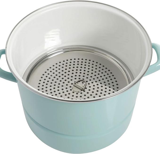 Kenmore Broadway 16-Quart Stock Pot With Steamer Insert and Lid, Glacier Blue, Large Stainless Steel Cookware for Boiling, Steaming, and Soups