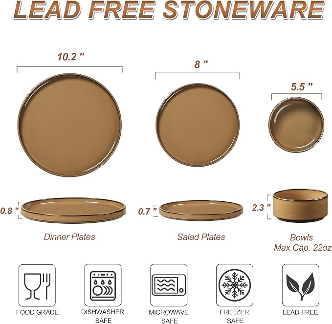 LIANYU Dinnerware Sets for 4, 12 Piece Modern Stoneware Dishes Set | Elegant Plate and Bowl, Ceramic Dining Dishware for Dinner, Rustic Terracotta Bottom, Microwave & Dishwasher Safe, Amber Gold
