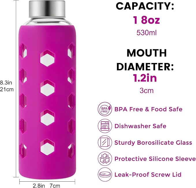 Mrsdry 18 oz Glass Water Bottles with Lids & Silicone Sleeves, 4-Pack | BPA Free, Leak-Proof Reusable Glass Drinking Bottles with Stainless Steel Airtight Cap for Juicing, Dishwasher Safe, Non-Slip