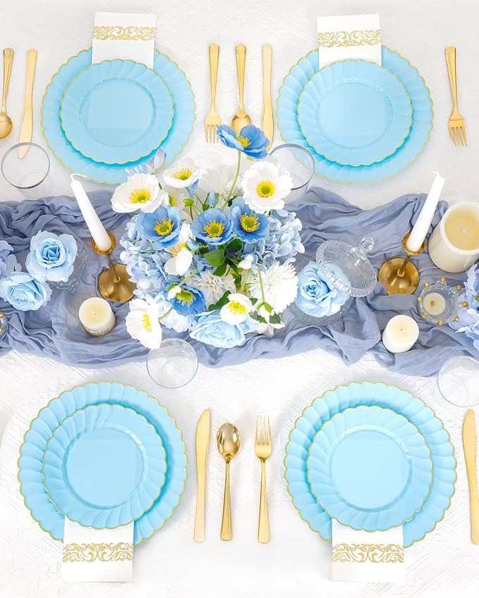 YOUBET 175PCS Light Blue Scalloped Plastic Plates for Party Wedding | Blue Disposable Dinnerware Set Include 50 Plates, 75 Gold Silverware, 25 Cups, 25 Napkins for Baby Shower