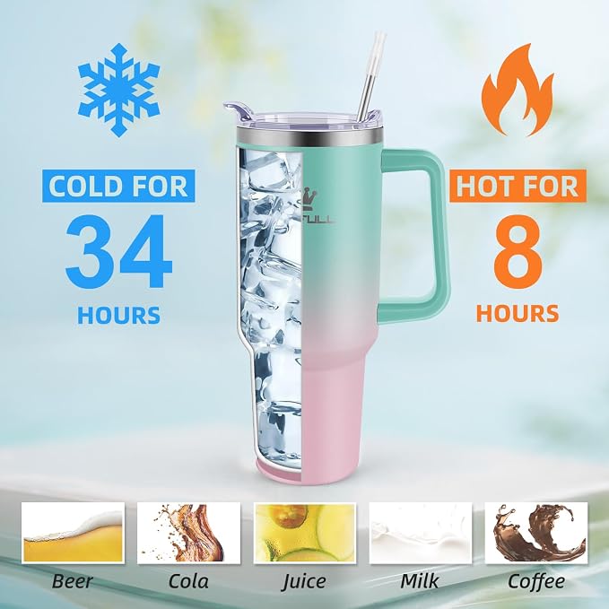 Soufull 40 oz Tumbler with Handle and Straw Lid, 100% Leak-proof, GreenPink | Stainless Steel Insulated Travel Coffee Cup, Keeps Cold 34Hrs or Hot 10Hrs, Dishwasher Safe