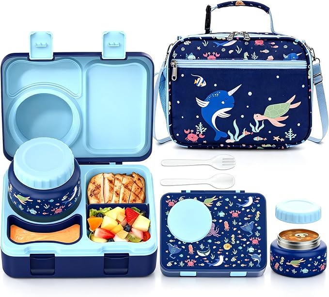 Bento Box for Kids, Leakproof Kids Lunch Box with 8.5OZ Thermo Food Jar & Lunch Bag, 3-4 Compartments Toddler Insulated Lunch Box for Girls, BPA Free Lunch Containers for School Daycare
