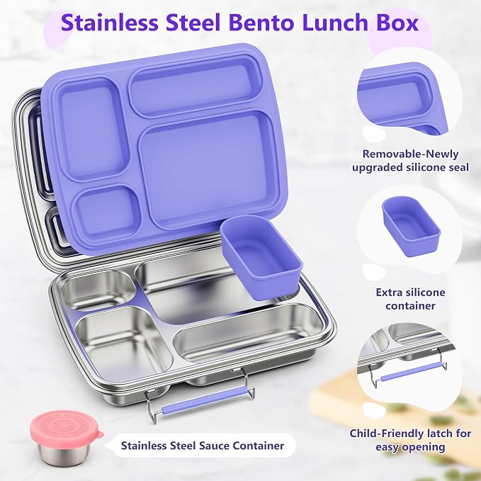 Stainless Steel Bento Lunch Box for Kids & Adults, 4 Compartment Kids Lunch Box, Metal Bento Box with Silicone Container and Stainless Steel Sauce Container,BPA-Free,School,Office(Purple)