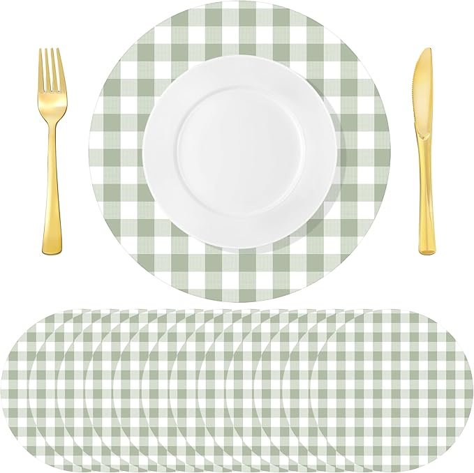 Funnymoom 60 Pcs Green and White Gingham Disposable Paper Placemats Round Table Place Mat Summer Checkered Decorative Paper for Baby Shower Wedding Birthday Party Dinner Table Decor