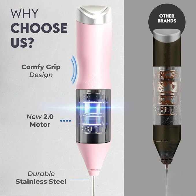 Zulay Kitchen Powerful Frother Wand AA Batteries Included, Ultra Fast Handheld Drink Mixer, Comfort Milk Frother, Stainless Steel Whisker, Frother Handheld for Coffee, Protein & Matcha - Frothmate 2.0