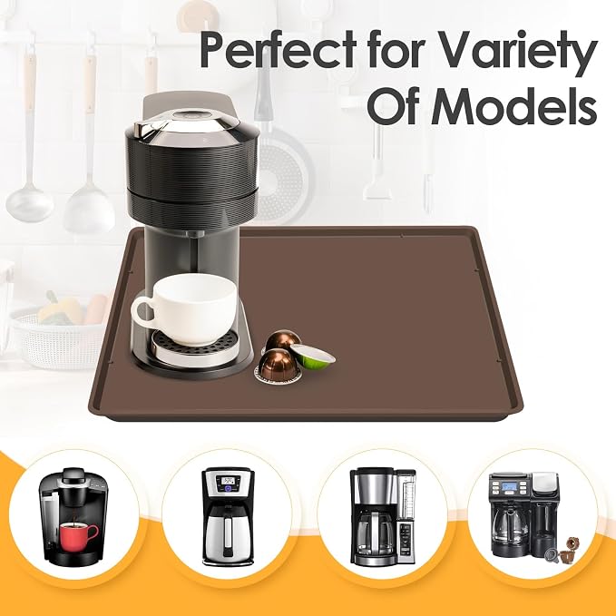 Silicone Coffee Maker Mat with Lip for Countertops, 19.7'' x 15'', Brown | Multi leak-proof coffee tray for countertop, non-slip silicone tray for under coffee machine espresso accessory, wipe-clean