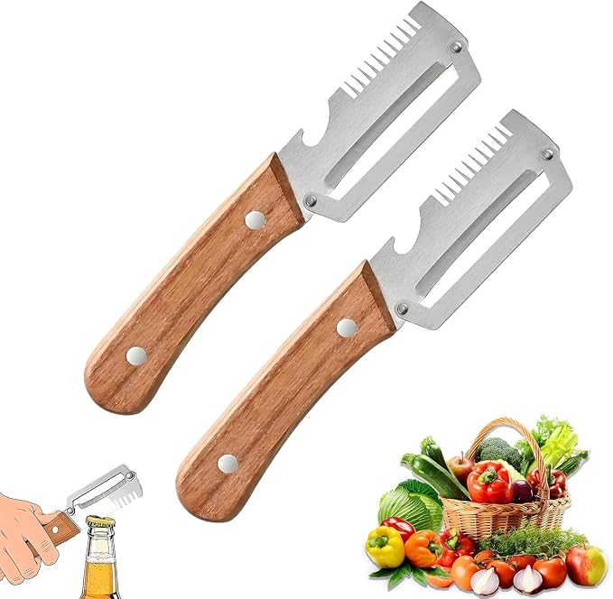 Premium Vegetable Peeler with Wooden Handle and Bottle Opener, Multi-Functional Vegetable Peeler for Kitchen, Kitchen Gadgets Tool for Fruit Pumpkin Peeling Potato Carrot Veggie Peeler (2)