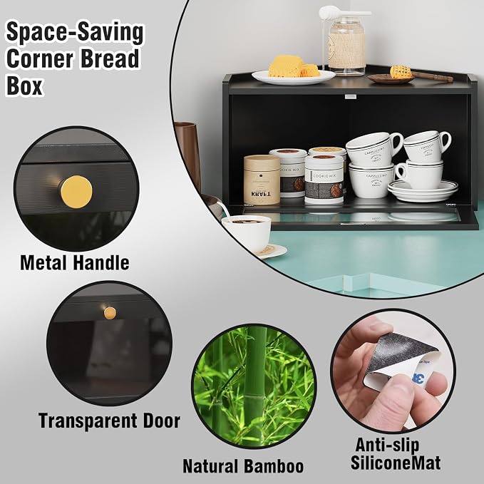 Trironsun Corner Bamboo Bread Box for Kitchen Counter Large Rustic Bread Storage Container with Acrylic Door Space-Saving Vintage Bread Keeper for Homemade Bread (Black)