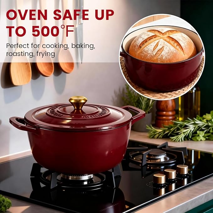 Enameled Cast Iron Dutch Oven 5.2 Qt with Lid, Red | For Sourdough Bread, Stews & Roasts, Oven Safe to 500F, Works on Gas, Electric & Induction Stovetops.