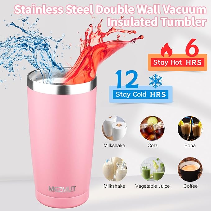 MEZMUT 20oz Insulated Tumbler Cup Travel Coffee Mug with Lid Straw(Pink,1) | 18/8 Stainless Steel Double Wall Vacuum Spill Proof Metal Insulated Tumbler with Daul Lid and Straw, Hot or Iced Coffee Cup