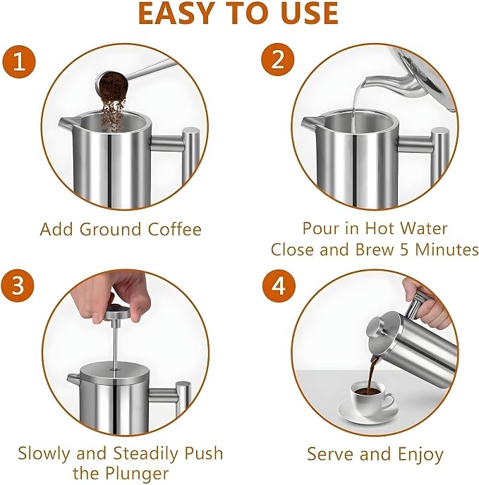 Small French Press Coffee Maker 1 Cup - 12oz/350ml Single Cup Metal French Press(1 Cup), Stainless Steel Double Wall Insulated Coffee & Tea Maker w/ 3 Extra Screens + 1 Spoon (Silver), Dishwasher Safe