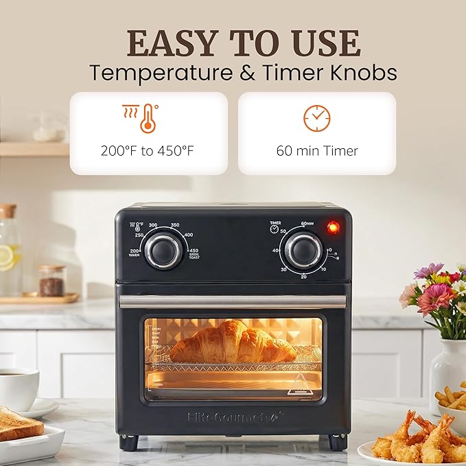 Elite Gourmet Compact Mini Air Fryer Oven, 8.5Qt, 800W, Black | Adjustable Time & Temperature Controls - Includes Air Fry Basket, Bake Pan & Recipes - Great for Countertop Use