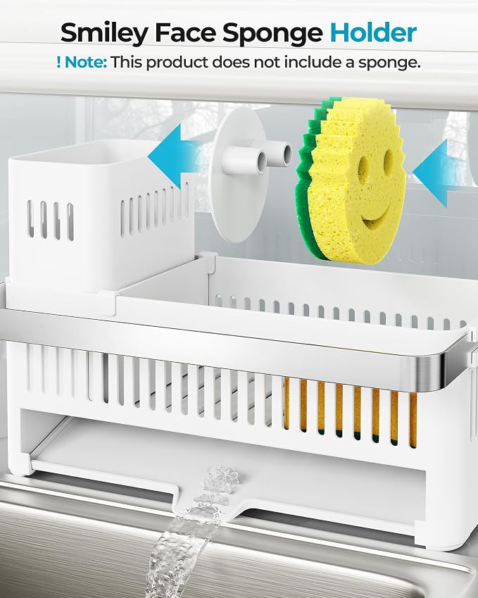Nieifi Sponge Holder, White Rustproof ABS Sink Caddy with Towel Rack | Smiley Sponge and Brush Holders with Drainage to Keep Items Dry. 10"L x 4.5"D. Kitchen Counter Organizer & Essential Storage.