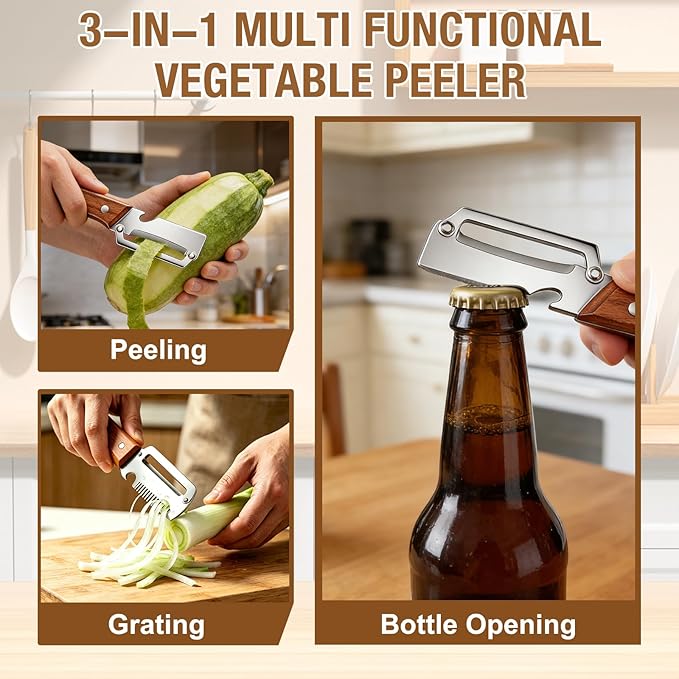 Multifunctional Vegetable Peeler 3-in-1, Julienne Peeler, Fruit Peeler Knife with Ergonomic Wood Handle, Stainless Steel Blade for Efficient Peeling, Grating & Slicing（2PCS)