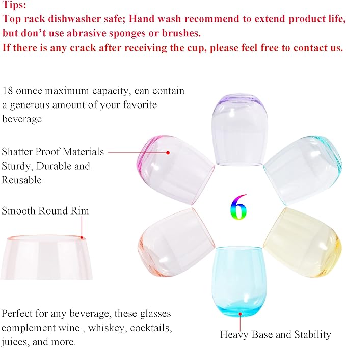 KOXIN-KARLU Classic 18-ounce Acrylic Stemless Wine Glasses, Unbreakable Mixed Drinkware Plastic Tumbler, set of 6 Mutlicolor