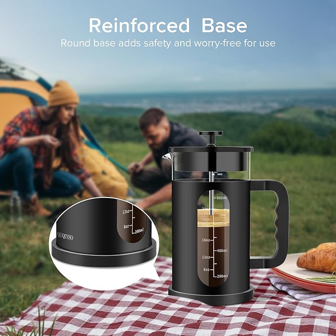 QUQIYSO French Press 34oz, Stainless Steel & Thickened Glass Coffee Press | French Press Coffee Maker,Heat-Resistant Borosilicate Glass,Easy to Clean，Tea Brewer Suitable for Kitchen Party Gifts(Black)