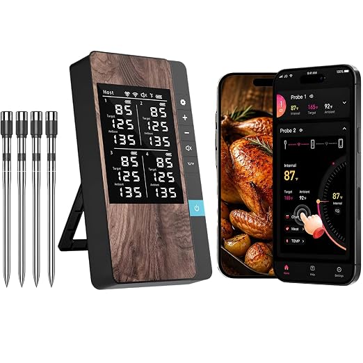 Wireless Meat Thermometer Digital, 4 Probes Bluetooth Thermometer | Smart App & Standalone Display Base, NIST ±0.5°F, Instant Read LCD, BBQ Smoker Grill Oven, Brisket Steak Turkey Pork