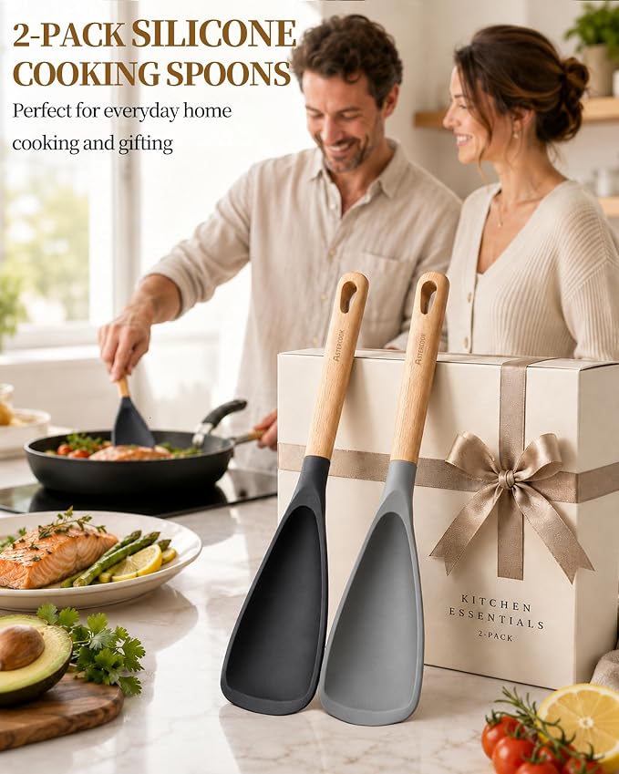 Astercook Cooking Spoon, 2 Pack, Nonstick Safe Silicone Spatula | Long Wooden Handles, Heat Resistant, BPA-Free, Built-in Spoon Rest, Spatula Spoon For Stirring, Scooping, Scraping & Serving