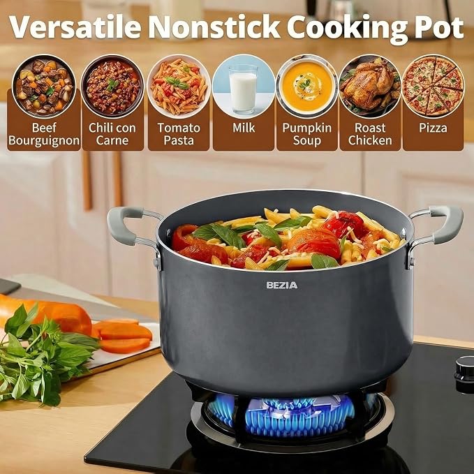 BEZIA 8QT Non Stick Stock Pot with Lid, Ceramic Induction Cooking Pot | Stay-Cool Silicone Handles, Oven Safe & Easy Cleanup, for All Stovetops, for Whole Chicken Soup, Weekend Meal Prep, Blanching