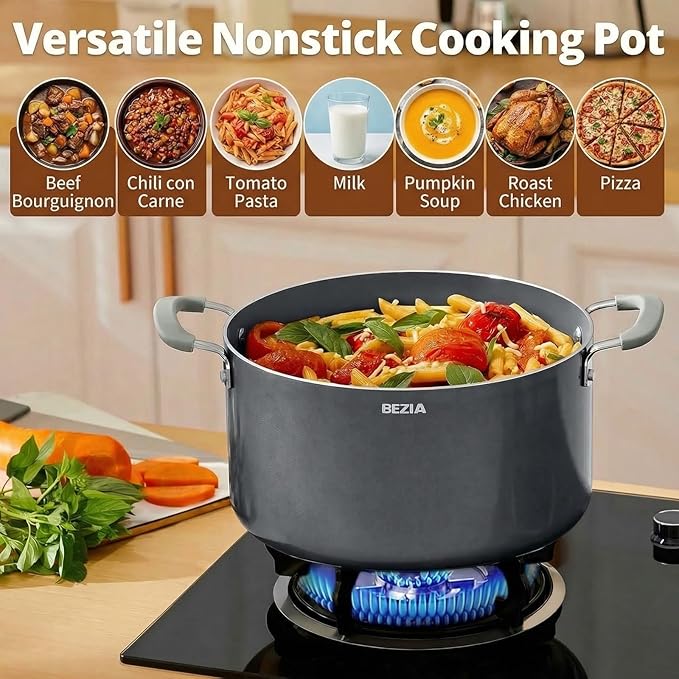 BEZIA 10QT Non Stick Stock Pot with Lid, Ceramic Large Cooking Pot for Soup | Stay-Cool Silicone Handles, Oven Safe & Easy Cleanup, for All Stovetops, for Big-batch Pasta Sauce, Multi-portion Curries