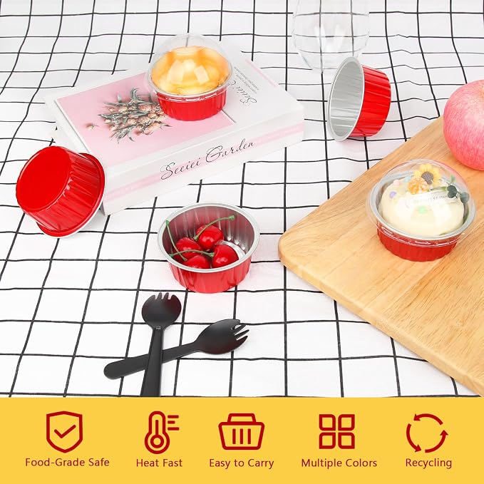 LNYZQUS 5oz Cupcake Tins with Dome Lids 100 Pack, Foil Dot Cake Cups | Mini Cake Pans and Containers, Disposable Ramekins, for Baking and Packaging, for Christmas, Round Red