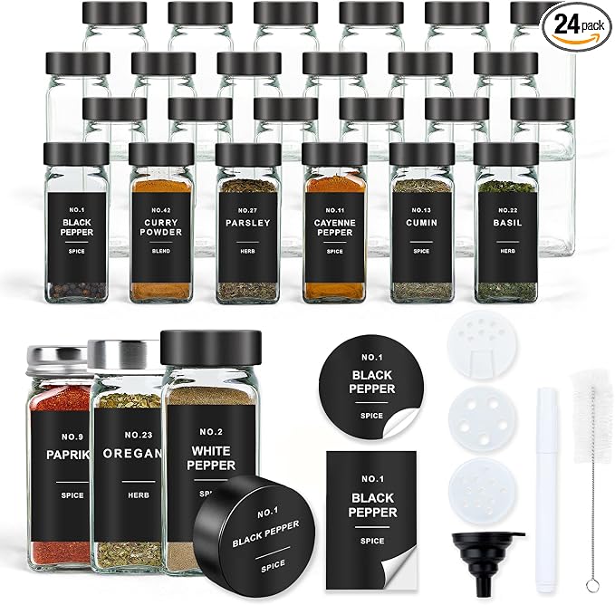 Spice Jars with Label, 24pcs 4oz Glass Spice Jars with Black Lids | Square Spice Containers with 304 Labels and Shaker Inserts, Empty Seasoning Bottles for Drawer, Cabinet, Seasoning Organizer