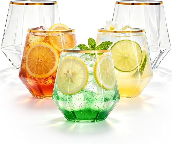 Lullaby 40PCS 12Oz Stemless Plastic Wine Glasses Gold Rim, Diamond Design | Clear Disposable Wine Cups for Champagne Whiskey Cocktail, Perfect for Parties, Weddings and Daily Use