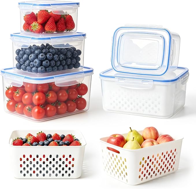 4 In 1 Food Storage Container, Fruit Storage Containers for Fridge Household Transparent Plastic Food Storage Box with Removable Colander & Drain Basket Soak,Wash, Drain,and Store