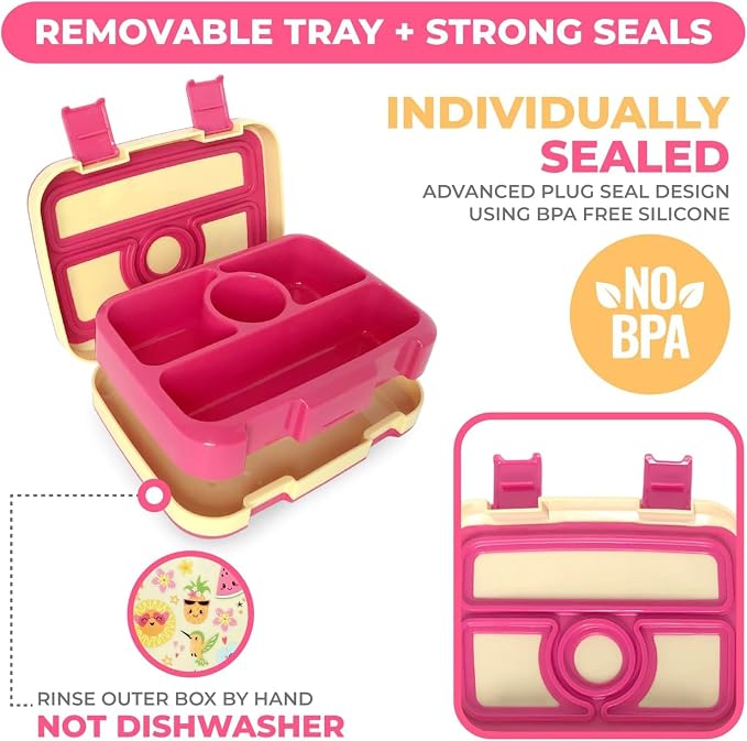 kinsho Bento Lunch Box for Kids Toddlers Girls, 4 Portion Sections Secure Lid, Microwave Safe BPA Free Removable Tray, Pre-School Kid Daycare Lunches Snack Container Ages 3 to 5, Cute Summer