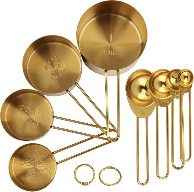 8pcs Measuring Cups and Spoons Set, Stainless Steel Measuring Cup Coffee Spoon Kitchen Gadgets, Stackable Measurin-g Cup Cooking Baking Accessories, Easy To Read(COLOR:gold)