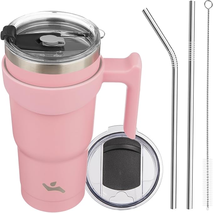 Konokyo 20 oz Tumbler with Handle and Straw, Insulated Travel Mug | Light Pink; BPA-free, leak-proof tumbler with 2 lids, 2 straws, cup holder fit for coffee, office, travel & daily use
