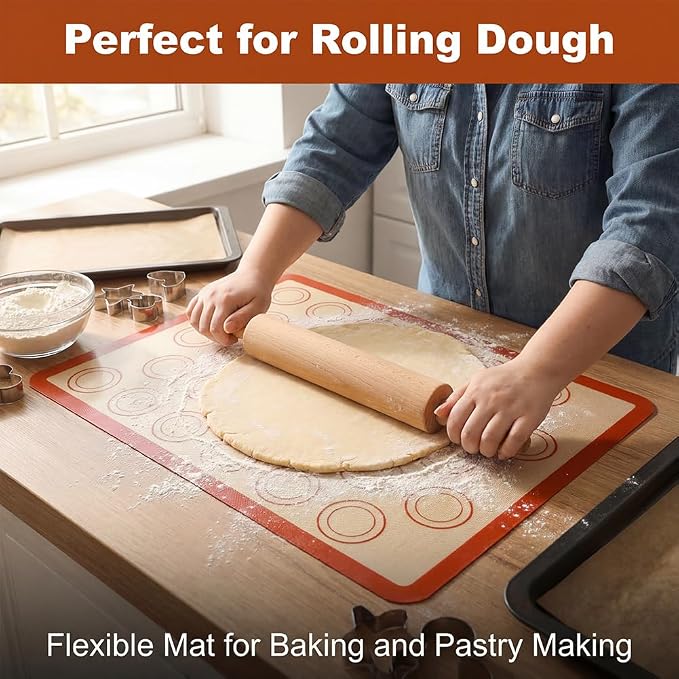 Silicone Baking Mat Set of 6, Extra Thick Silicone Mats, Food Grade Non-stick Reusable Baking Mat, Heat Resistant -40°F to 446°F, Round & Square Cake Pan Mat for Macarons, Cookies, Pizza, Bread