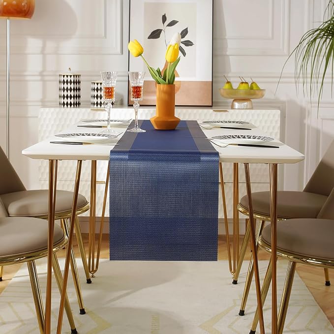 Vinyl Placemats Set of 6 Vinyl Heat-Resistant Table Mats with Matching a Same-Style 72 inches Table Runner (7pcs,Blue)