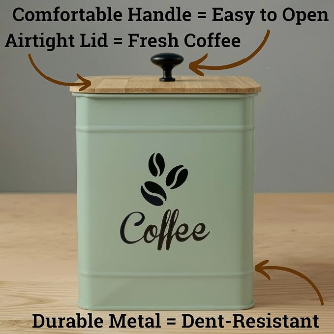 Airtight Coffee Canister 40 oz, 6"x 8" Metal Jar w/ Rubber-Lined Bamboo Lid | 40oz Large Iron, Airtight Coffee Container, Bamboo Lid, Stylish Countertop Container for Coffee Grounds, Beans, Pods & More