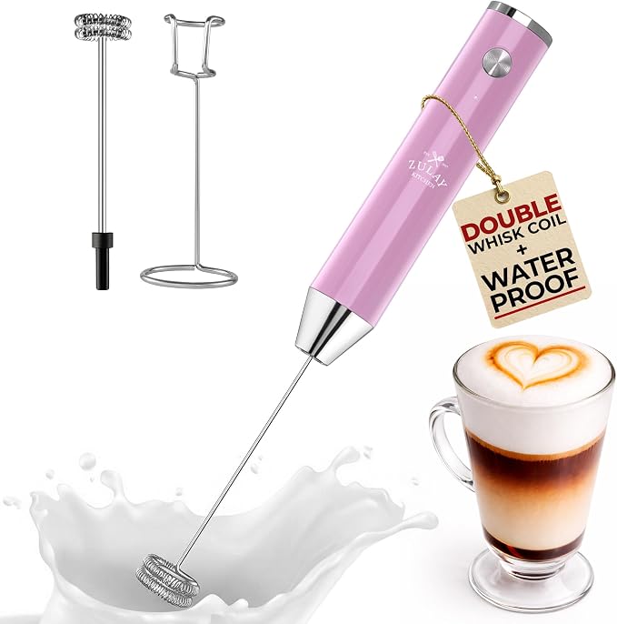 Zulay Kitchen Rechargeable Milk Frother Handheld - Frother Wand, Drink Mixer, Electric Whisk Frother, for Cappuccinos, Matcha & Protein Powder - Lux Double Whisk 2 Speed Waterproof 2000mAh Pink
