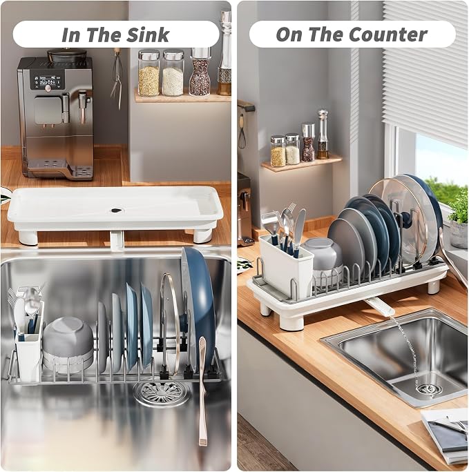 Small Dish Drying Rack, Stainless Steel with Drain Board & Utensil Holder | Anti-Scratch Base, Space Saving Design for Kitchen Counter, White