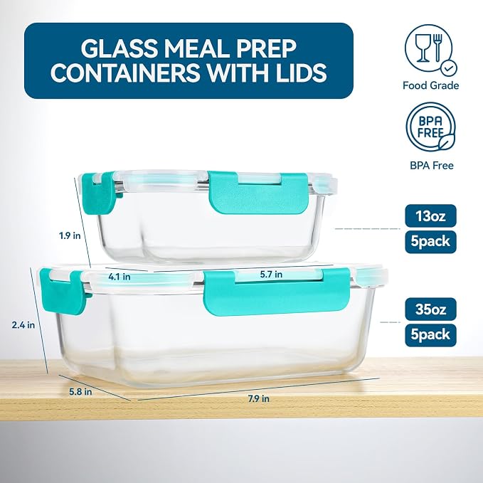 BAYZZ 10 Pack Glass Meal Prep Containers, Glass Food Storage Containers with Lids, Airtight Lunch Box, Freezer,Oven,Microwave and Dishwasher Safe,Green