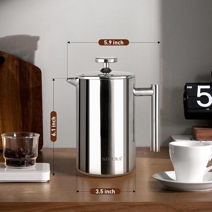 Secura French Press Coffee Maker, 304 Grade Stainless Steel Insulated Coffee Press with 2 Extra Screens, 12oz (0.35 Litre), Silver