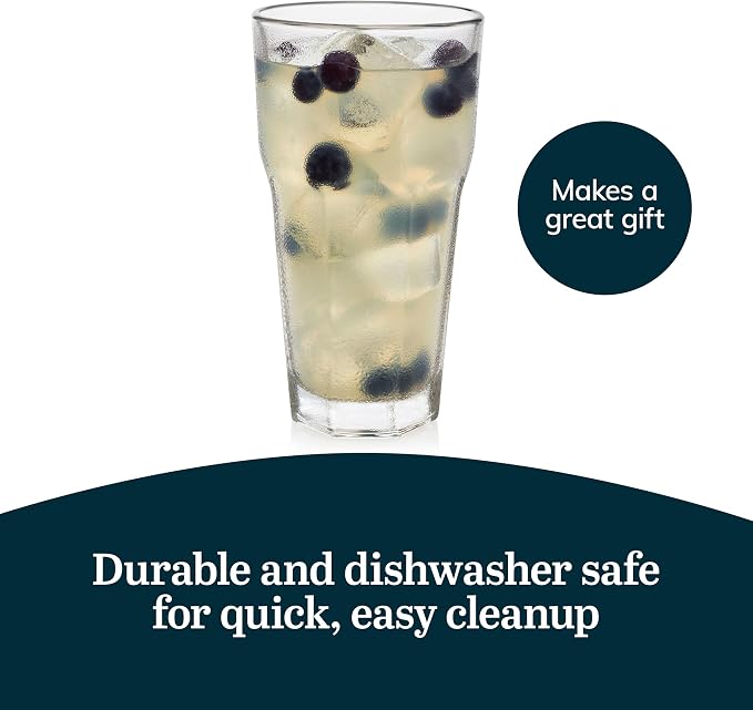 Libbey Gibraltar Glass Tumblers Set of 12, Heavy Base Water Drinking Cups | 16 oz Capacity for Water, Juice, Soda, Cocktails, and More with Faceted Sides and Dishwasher-Safe Cleanup