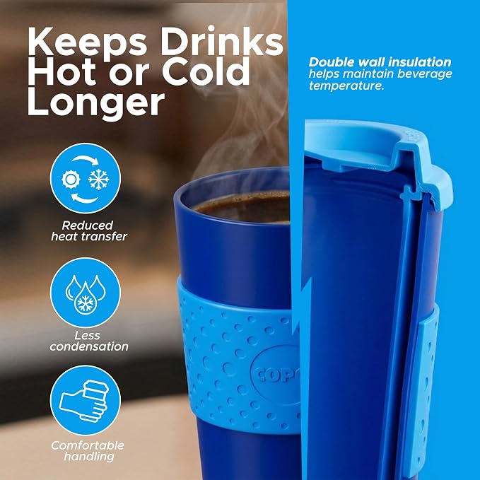 Copco 16oz Acadia Travel Mug, Set of 2 - Double-Wall Insulated, Navy & Blue | Double-Wall Insulated BPA-Free Travel Mugs - Quarter-Turn Lid & Textured Non-Slip Grip for Easy Travel